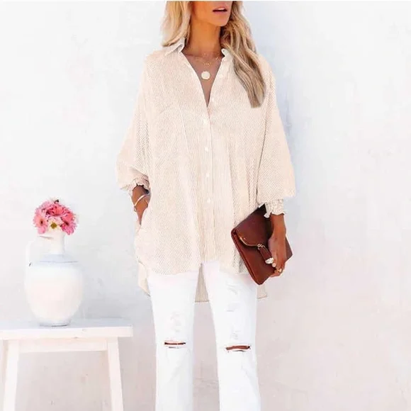 Smocked Cuffed Striped Shirt - Picture 2 of 5